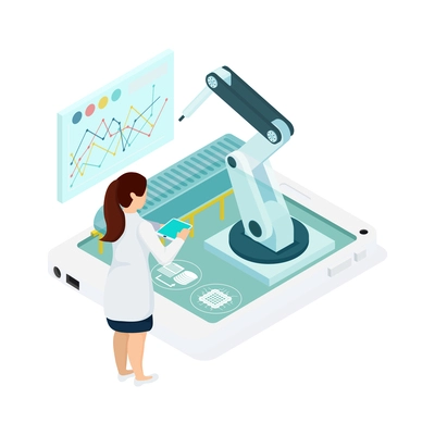 Smart industry intelligent manufacturing isometric icon with automated robotic arm vector illustration