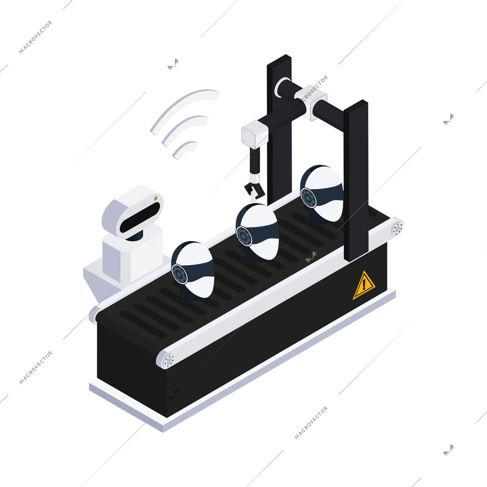 Smart industry isometric icon with robot monitoring conveyor line 3d vector illustration