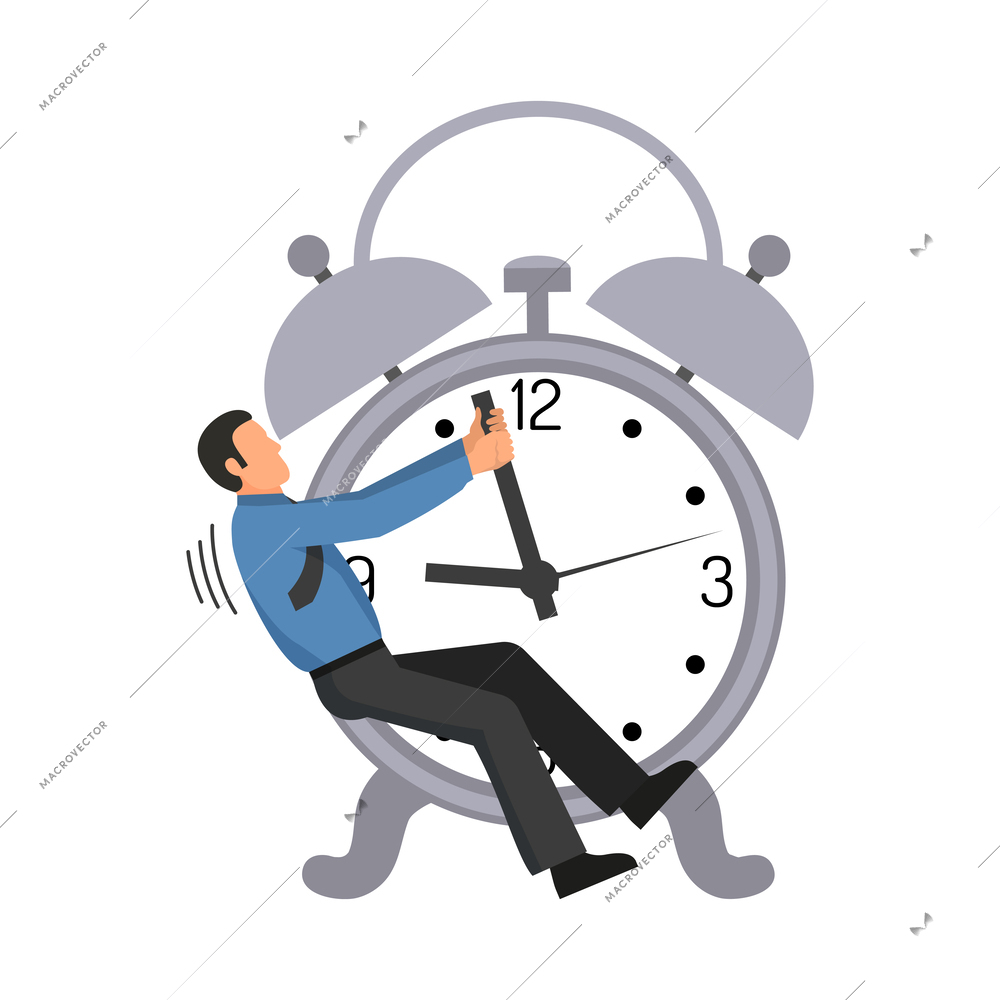 Business time management flat concept with man trying to stop clock vector illustration