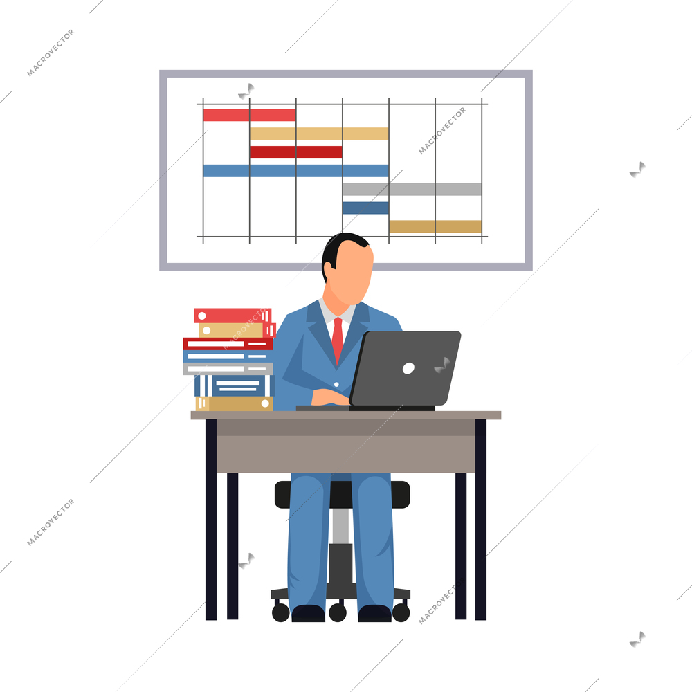 Business time management flat concept with office worker planning his job vector illustration