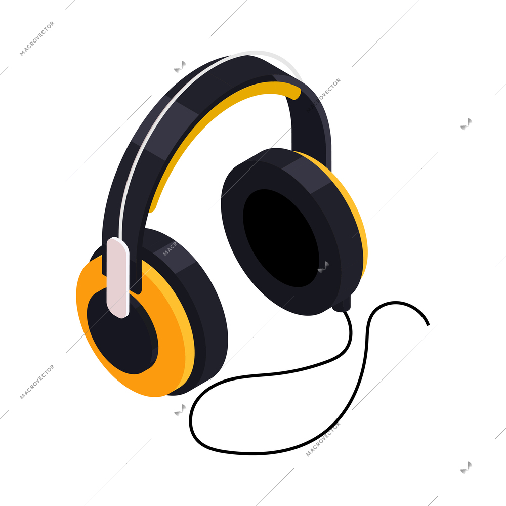 Black and yellow headphones with wire isometric icon 3d vector illustration