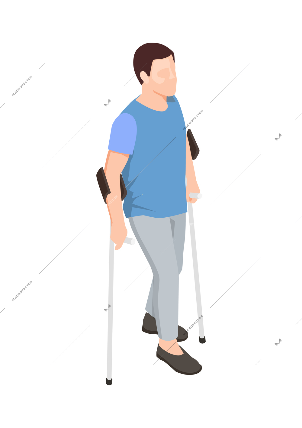 Male patient with crutches during rehabilitation period isometric icon vector illustration