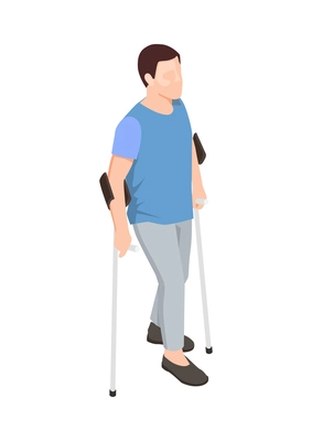 Male patient with crutches during rehabilitation period isometric icon vector illustration