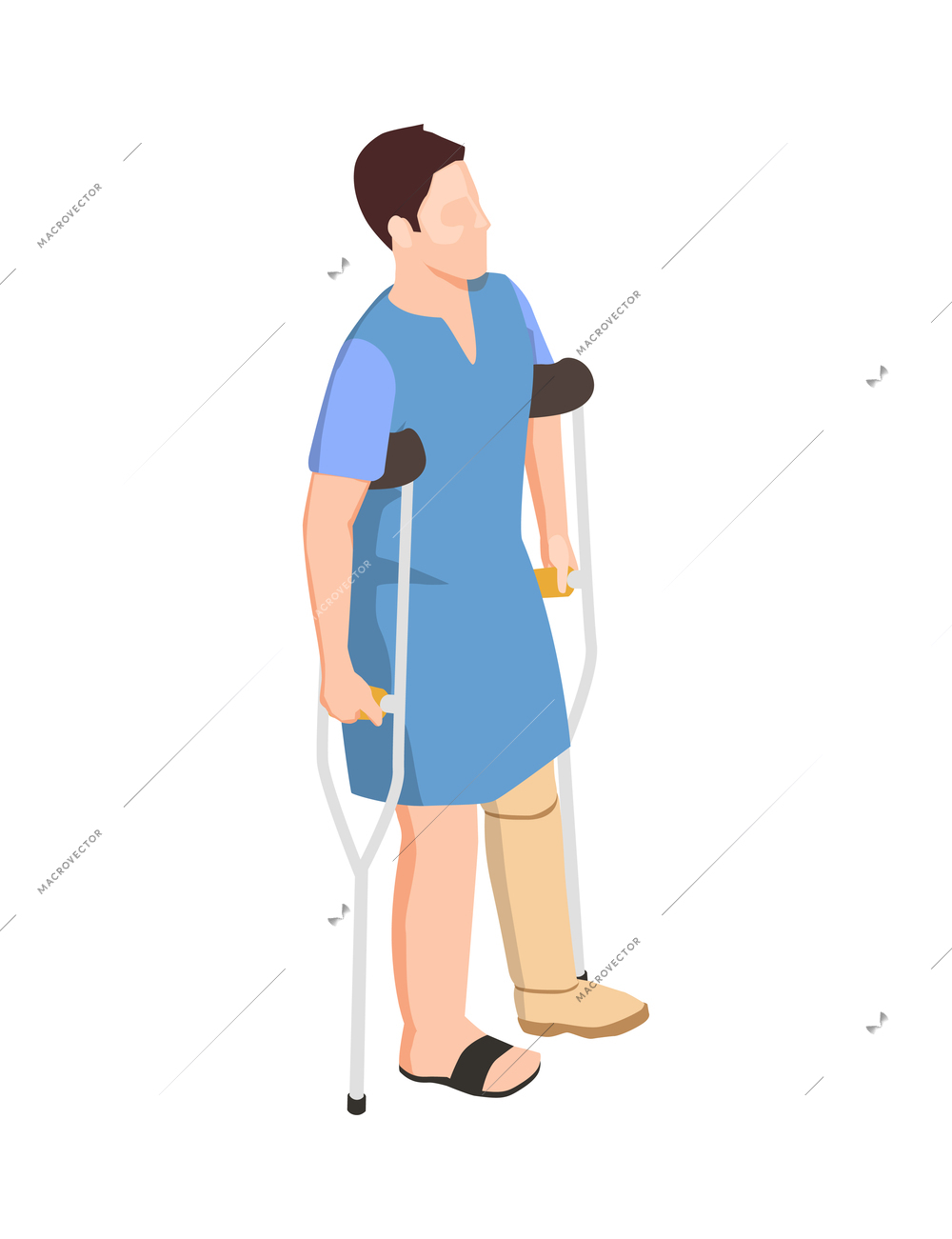Male patient with crutches during rehabilitation period isometric icon vector illustration