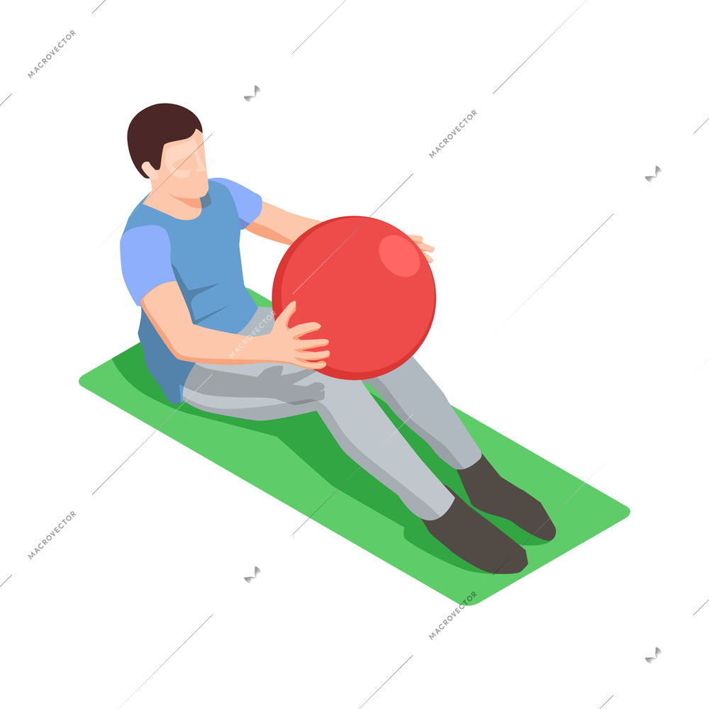 Male patient during physiotherapy and rehabilitation exercises with ball isometric icon vector illustration