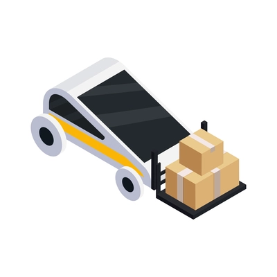 Smart industry isometric icon with robotic device carrying cardboard boxes 3d vector illustration