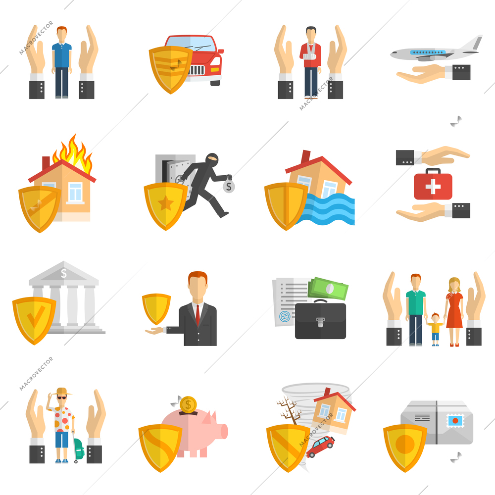 Insurance hand and shield multicolored flat icon set isolated vector illustration