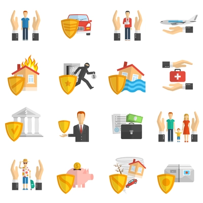 Insurance hand and shield multicolored flat icon set isolated vector illustration