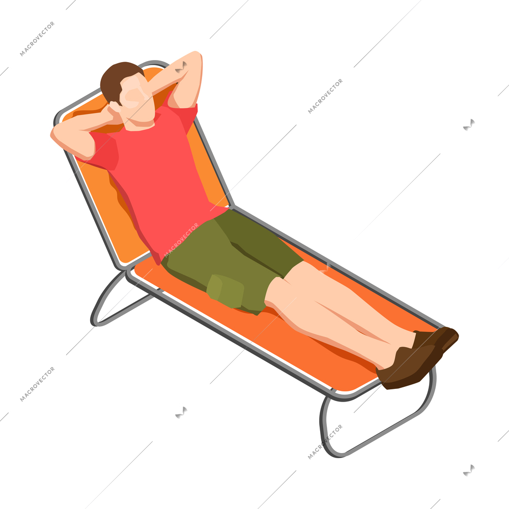 Camping isometric icon with man relaxing on deck chair vector illustration