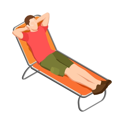 Camping isometric icon with man relaxing on deck chair vector illustration