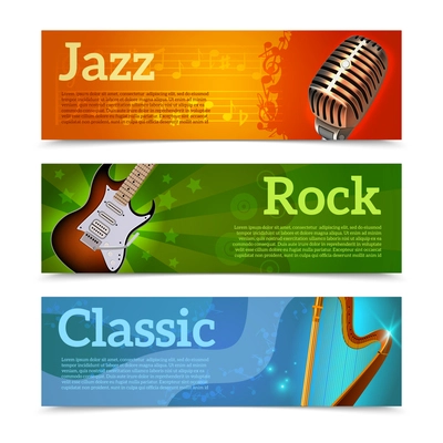 Music festival horizontal banners set with jazz rock classic instruments isolated vector illustration