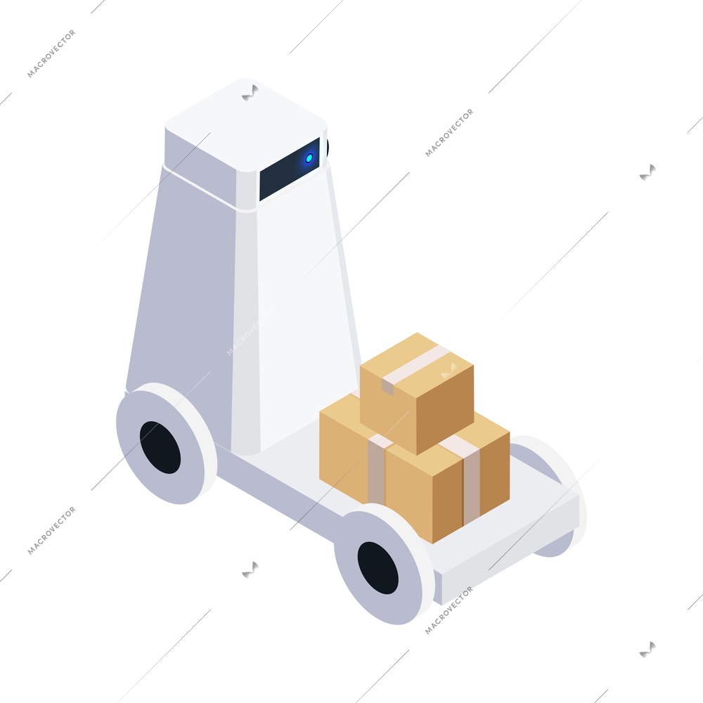 Smart industry isometric icon with isolated robotic machine carrying stack of boxes 3d vector illustration