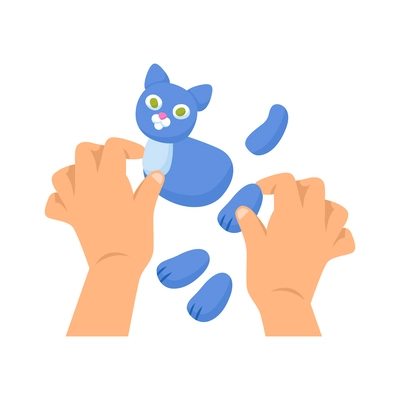 Creative kid hands modelling cat from plasticine top view flat vector illustration