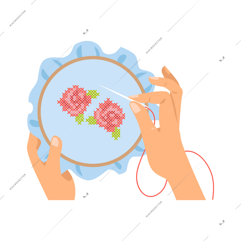 Creative kid hands doing embroidery top view flat vector illustration