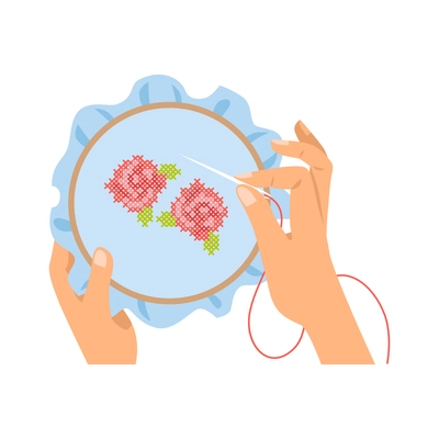 Creative kid hands doing embroidery top view flat vector illustration