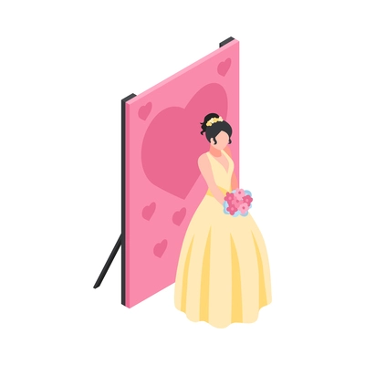 Professional photographer studio with bride during photo session isometric icon vector illustration