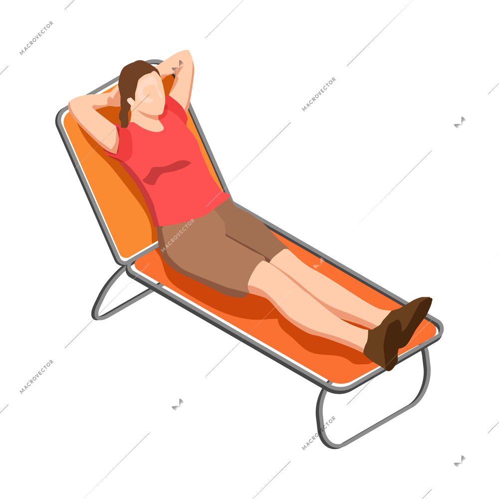 Camping isometric icon with woman relaxing on deck chair vector illustration