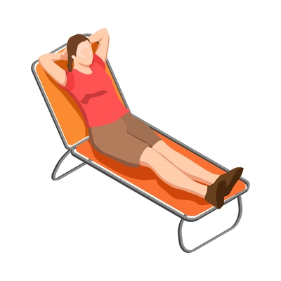 Camping isometric icon with woman relaxing on deck chair vector illustration