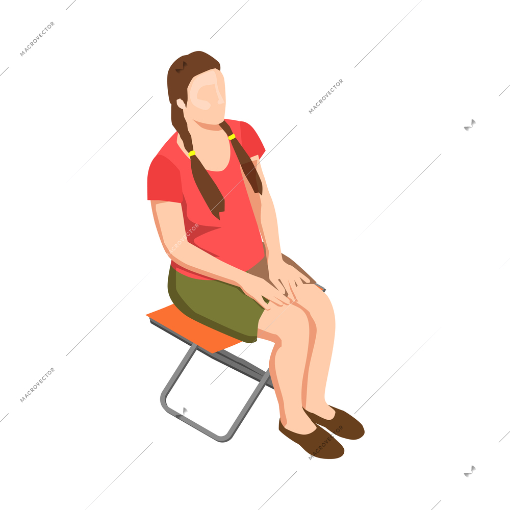 Camping isometric icon with woman sitting on folding chair vector illustration