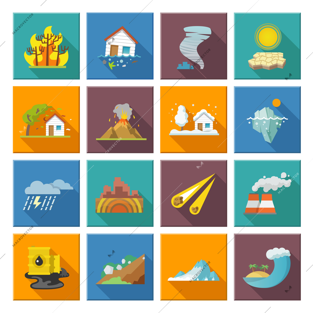 Natural disaster icons set with tide volcano erupting earthquake flood isolated vector illustration