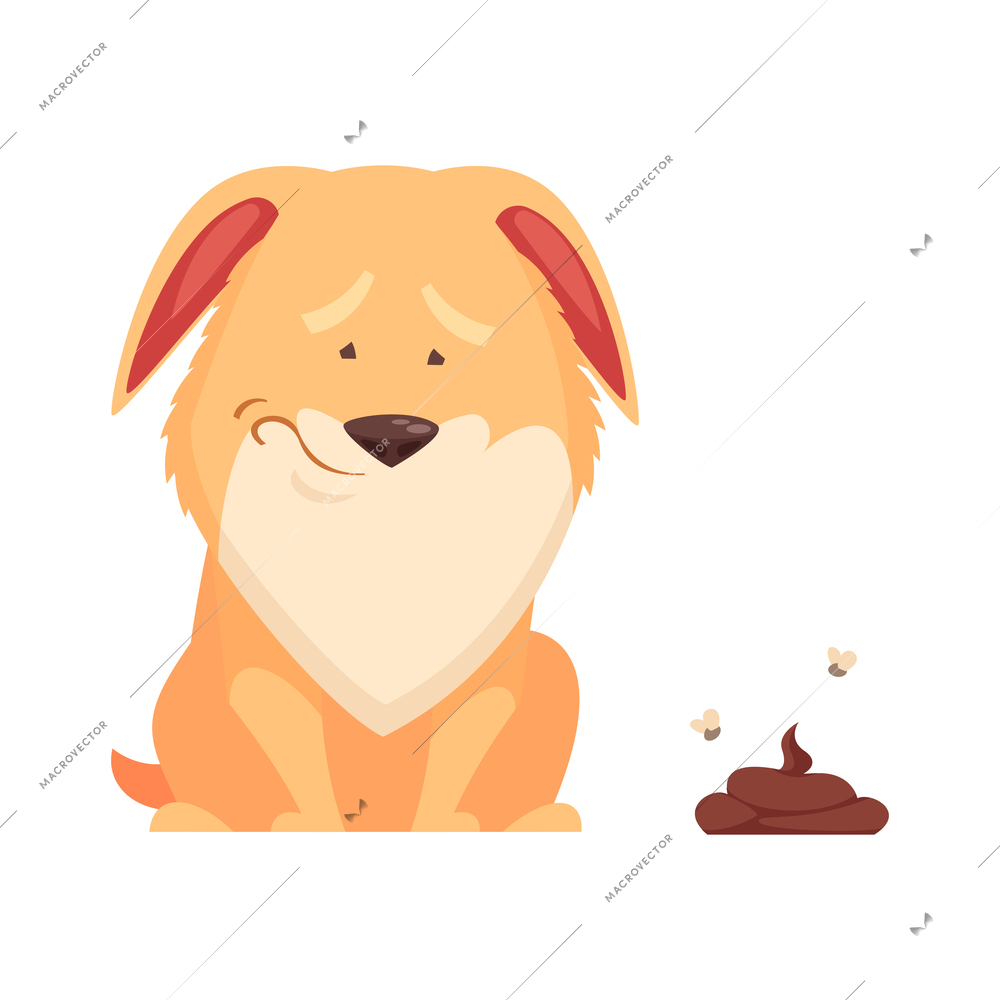 Cartoon cute puppy with guilty look sitting near poop vector illustration