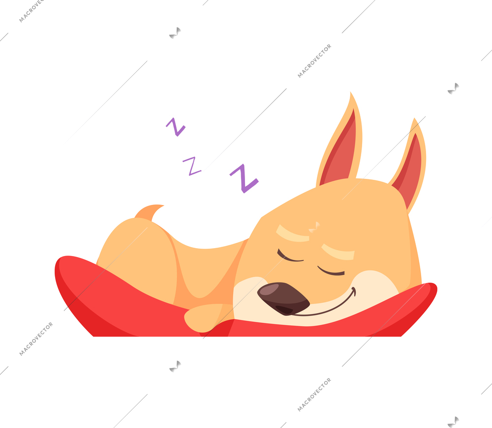 Cartoon cute puppy sleeping on red pillow vector illustration