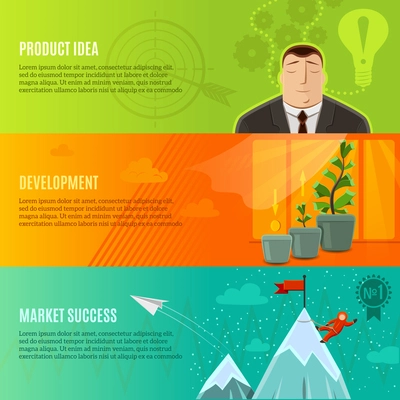 Startup horizontal banner set with product idea development market success flat elements isolated vector illustration