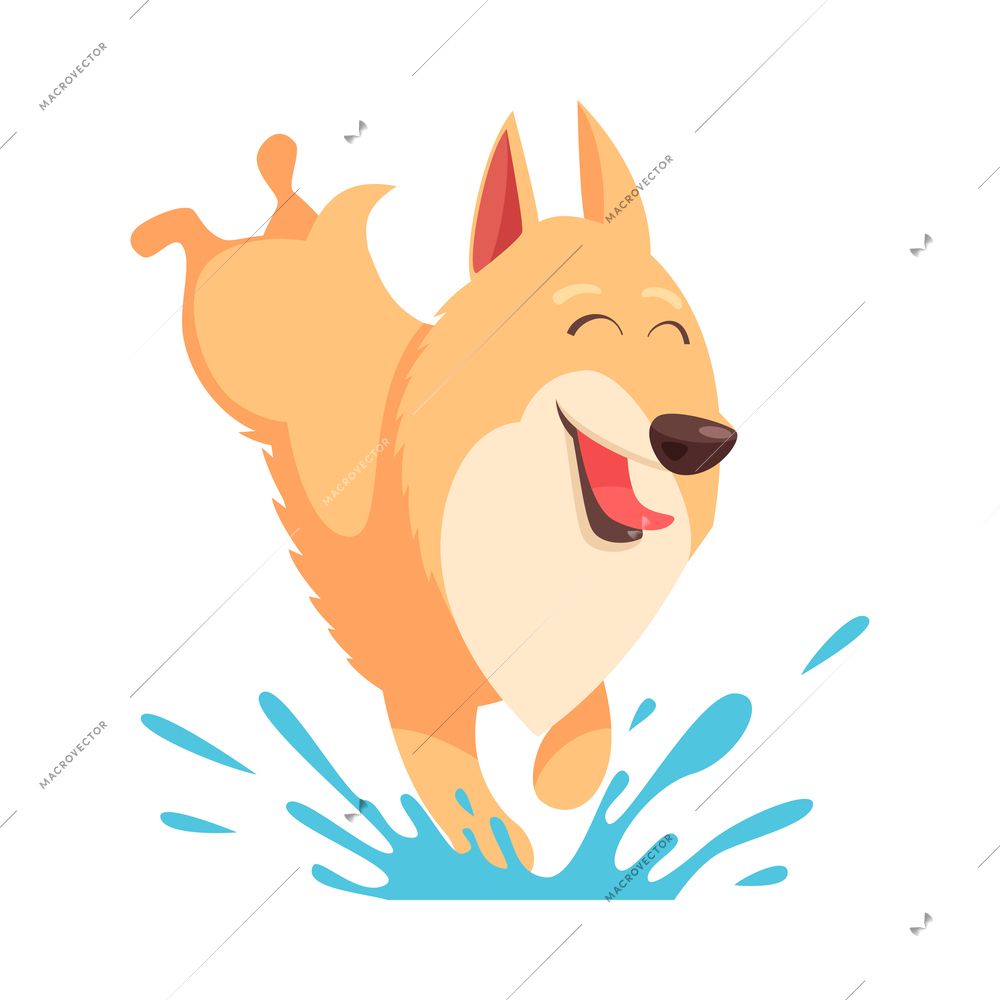 Cartoon cute puppy jumping in puddle vector illustration