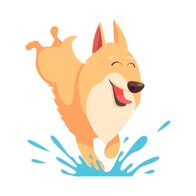 Cartoon cute puppy jumping in puddle vector illustration