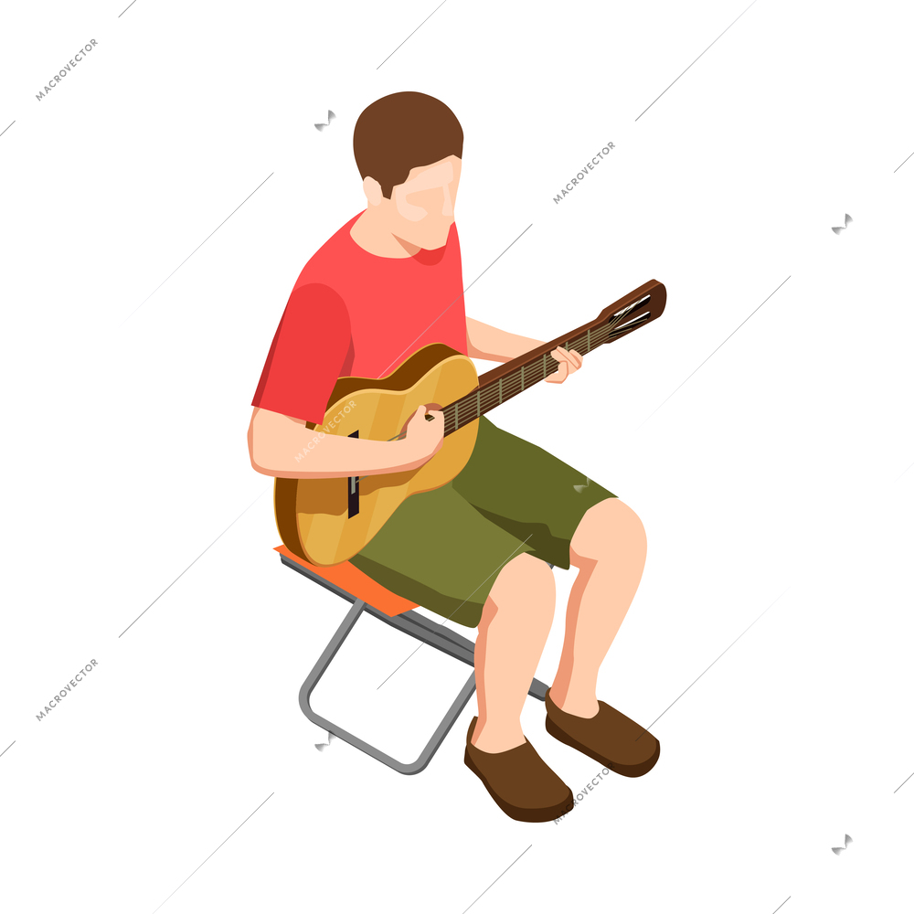 Camping isometric icon with man playing guitar vector illustration