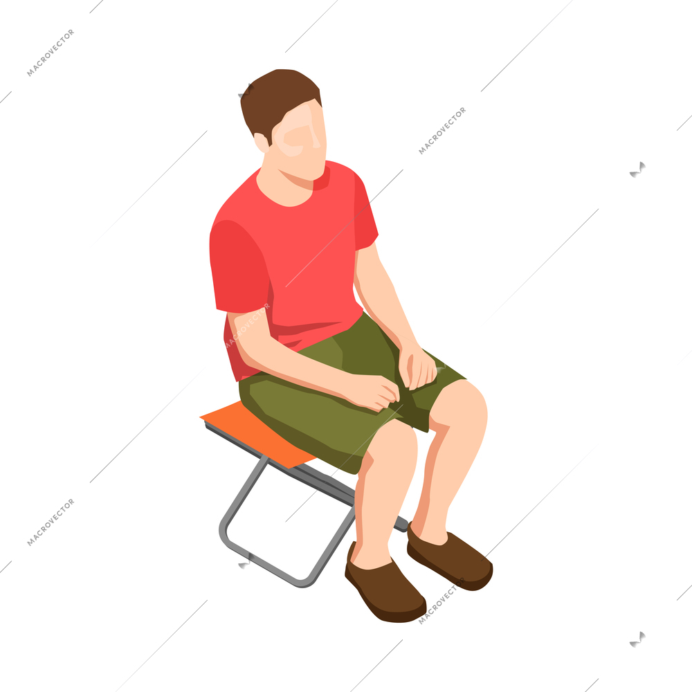 Camping isometric icon with man sitting on folding chair vector illustration