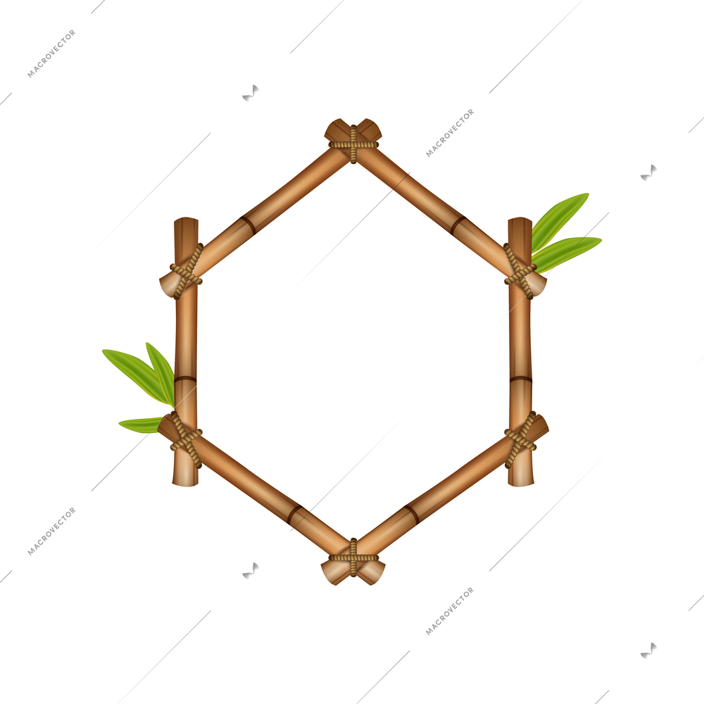 Realistic dry bamboo frame decorative interior element with green leaves vector illustration