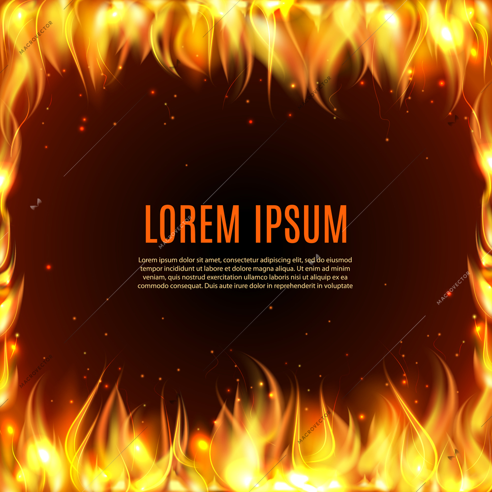 Burning fire flame frame on the black background with text in center vector illustration.