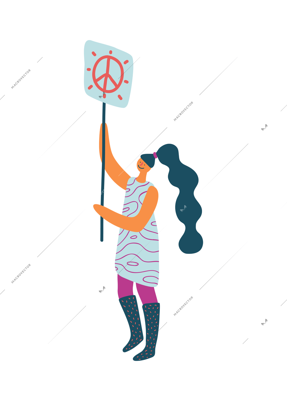 Female propagandist holding placard with peace sign flat icon vector illustration