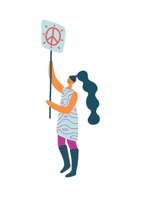 Female propagandist holding placard with peace sign flat icon vector illustration