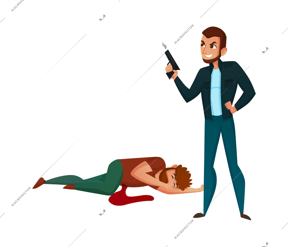 Male murderer with handgun near bleeding dead man flat vector illustration