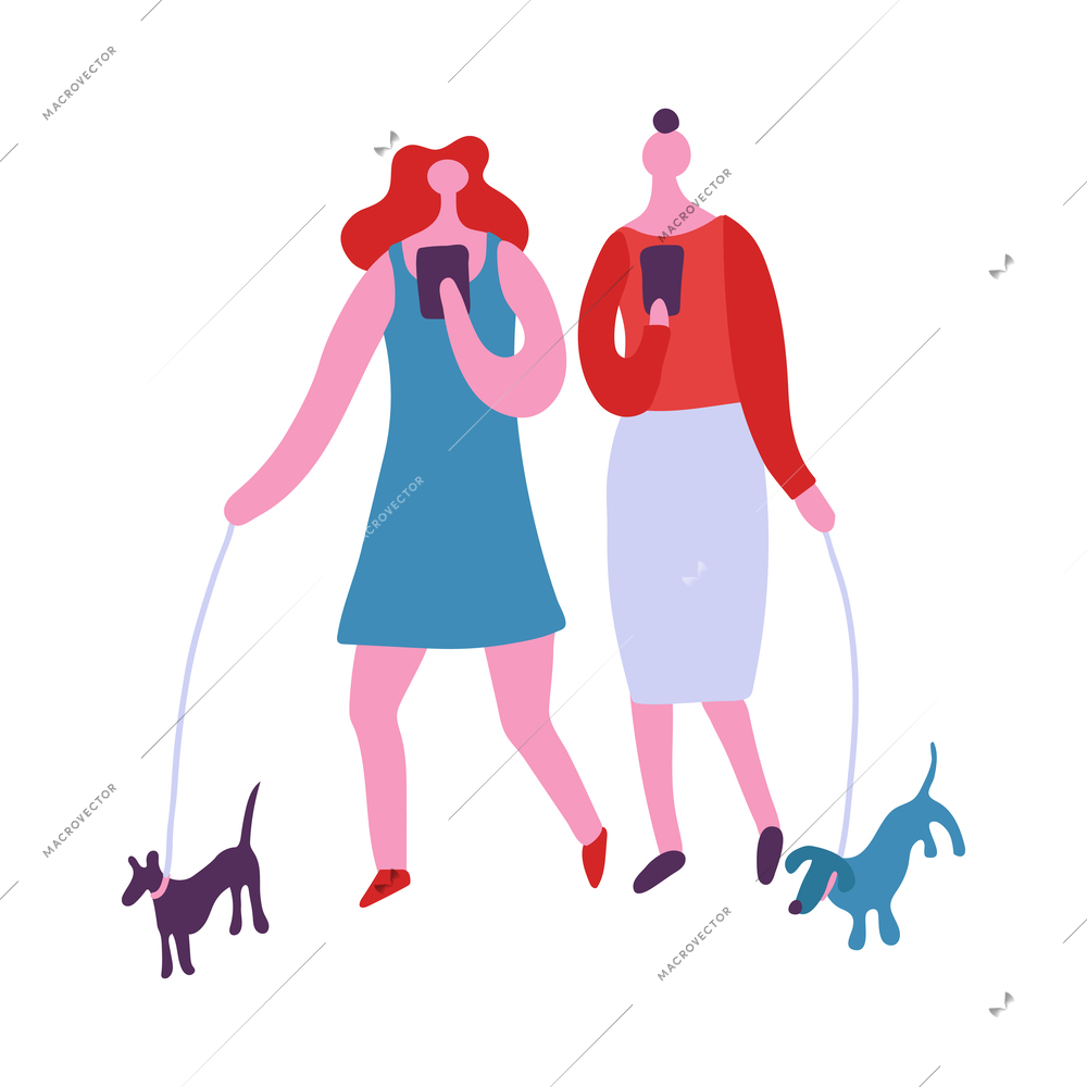 People dependent on gadgets using smartphones while walking with dogs flat concept vector illustration