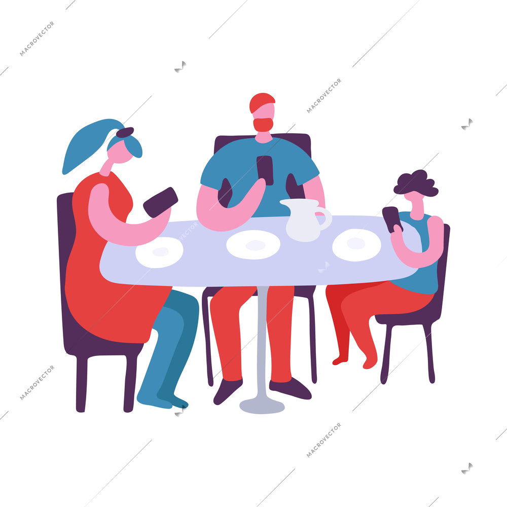 Gadget dependent people flat concept with family using smartphones during lunch vector illustration