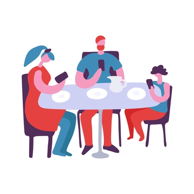 Gadget dependent people flat concept with family using smartphones during lunch vector illustration