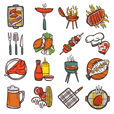 Bbq grill colored decorative icons set with barbeque and cooking utensil isolated vector illustration