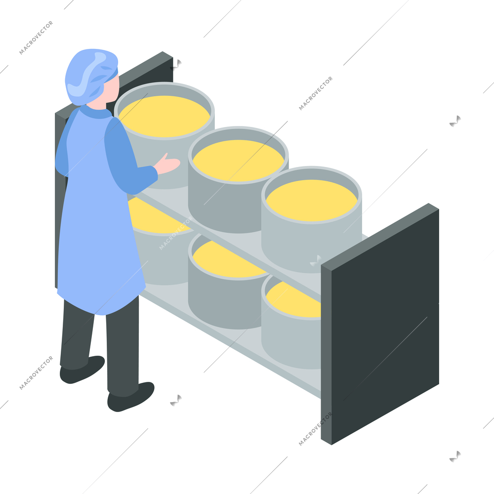 Dairy factory isometric icon with factory worker and equipment for cheese production 3d vector illustration