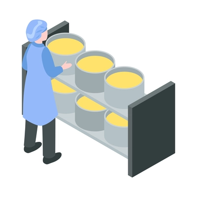 Dairy factory isometric icon with factory worker and equipment for cheese production 3d vector illustration