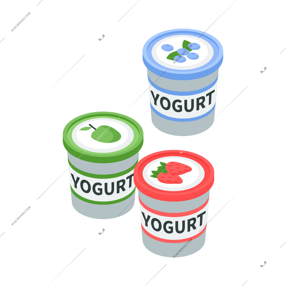 Color pots of fruit and berry yogurt isometric icon vector illustration