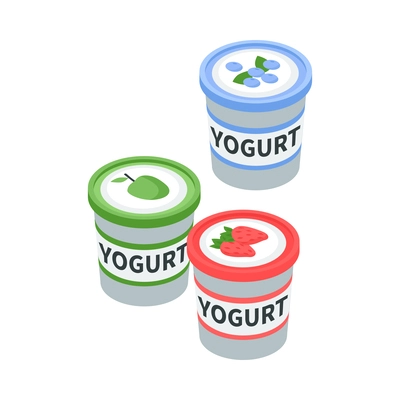 Color pots of fruit and berry yogurt isometric icon vector illustration