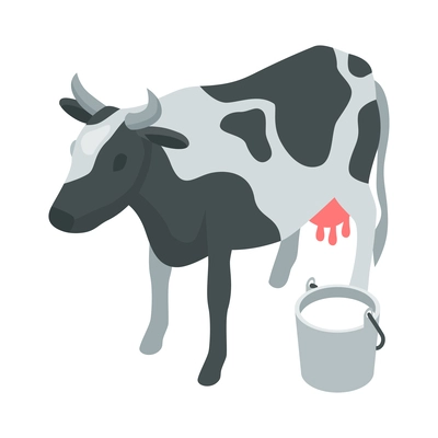 Dairy factory isometric icon with cow and bucket of fresh milk 3d vector illustration