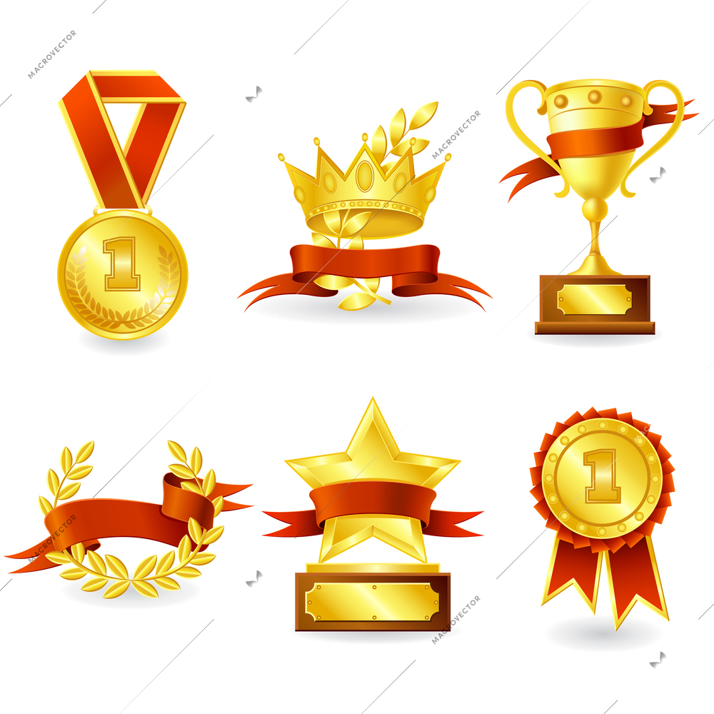 Golden trophy and prize emblem set of shield star medal and wreath isolated vector illustration.