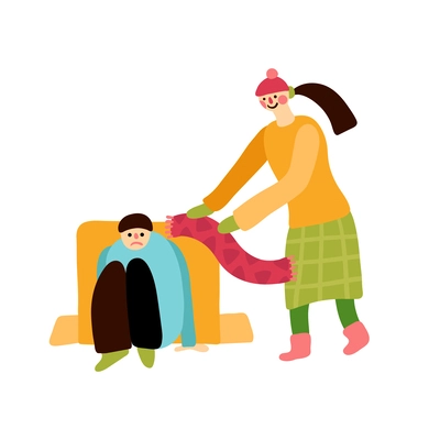 Charity flat concept with woman giving warm scarf to homeless man vector illustration