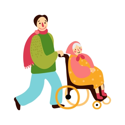 Charity flat concept with volunteer helping senior woman in wheelchair vector illustration