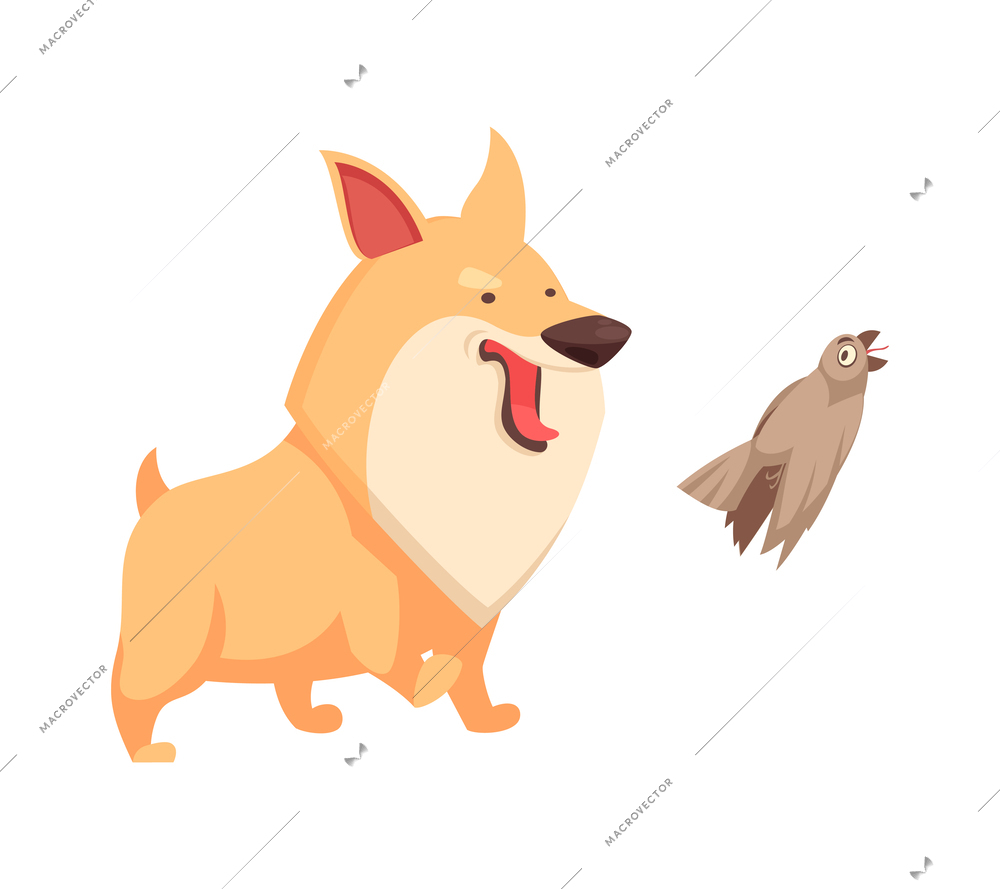Cartoon cute puppy barking at scared bird vector illustration