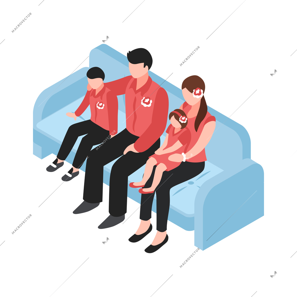 Professional photographer studio isometric icon with family sitting on sofa during photo session vector illustration